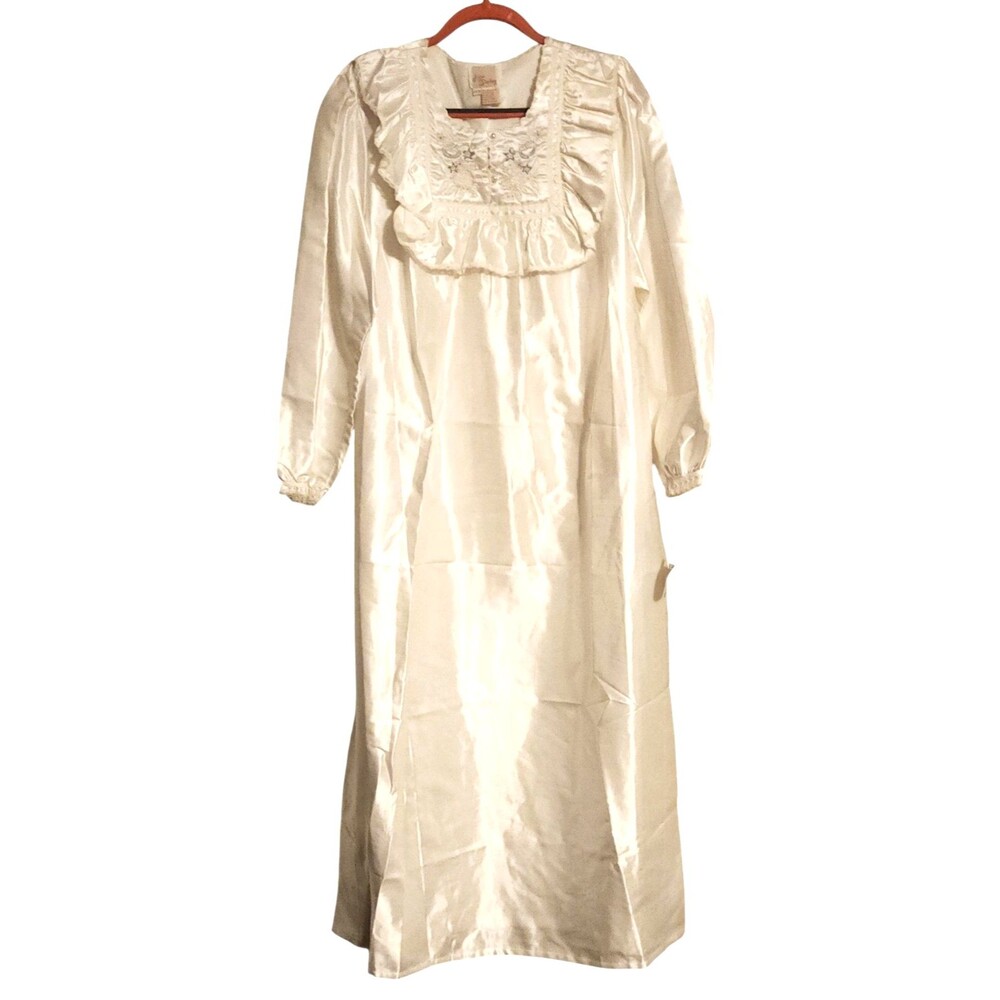 Vtg. Ilise Stevens Nightgown White Brushed Back Satin Lace & Embroidery Size 1X